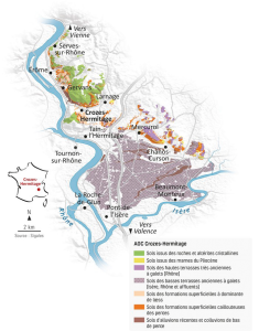 carte de la l'agglomération de Hermitage en couleur nous pouvons repérer les terres d'aoc Crozes l'Hermitage